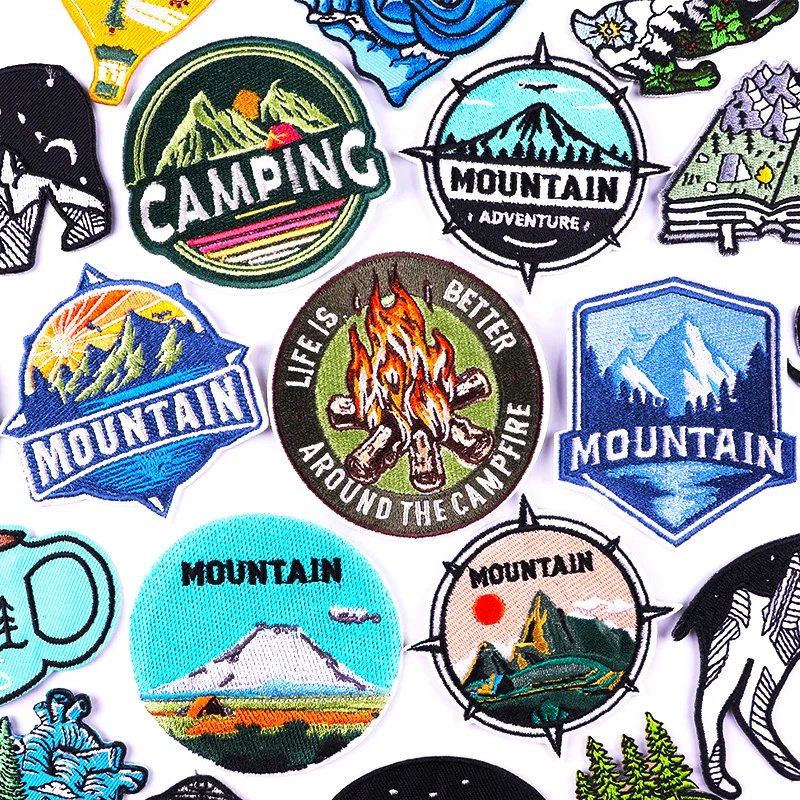 Mountain Adventure Patch Outdoor Camping Embroidered Patches On Clothes Applique Iron On Patches For Clothing Waves Stickers DIY