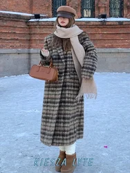 여성용 빈티지 격자 무늬 울 코트, 레트로 롱 오버코트, 캐주얼 한국 스타일, 세트 재킷, 루즈한 두꺼운 모직 오버코트, 따뜻한 겨울