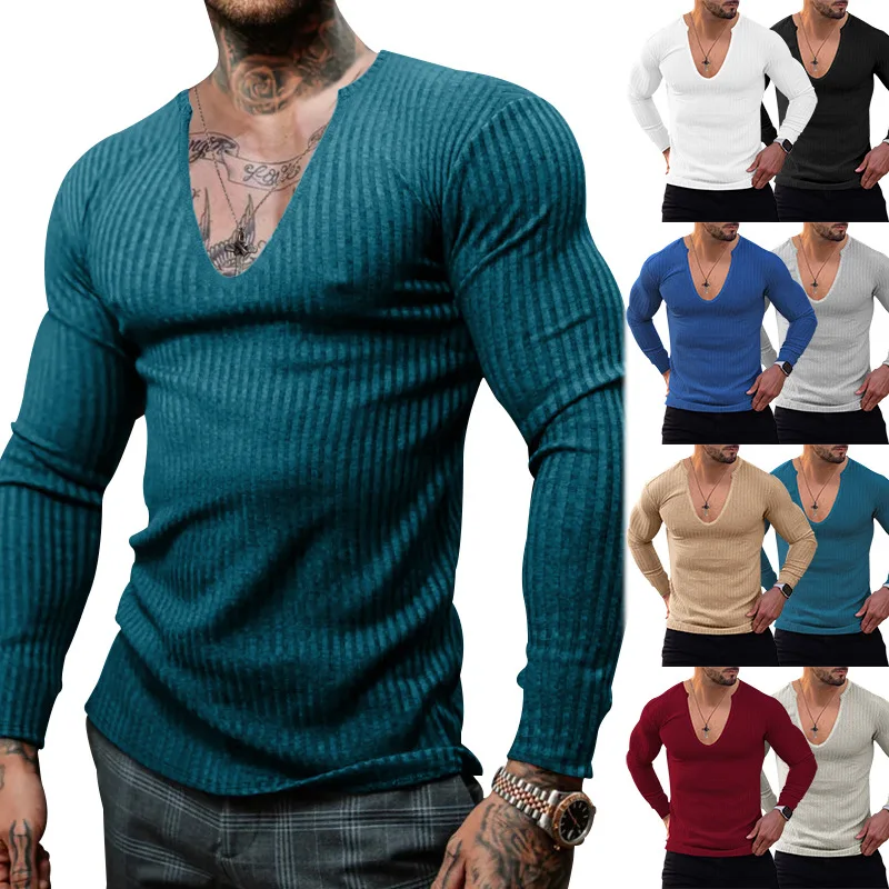 2024 Men's Knitwear European and American Thin V-neck Personalized Trend Versatile Men's Long Sleeved T-shirt