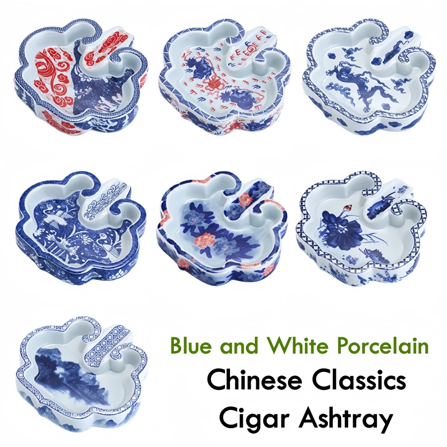 

Китайская классическая сине-белая фарфоровая пепельница для сигар, элегантный керамический держатель для пепла для дома, офиса, патио, декоративная пепельница, подарок
