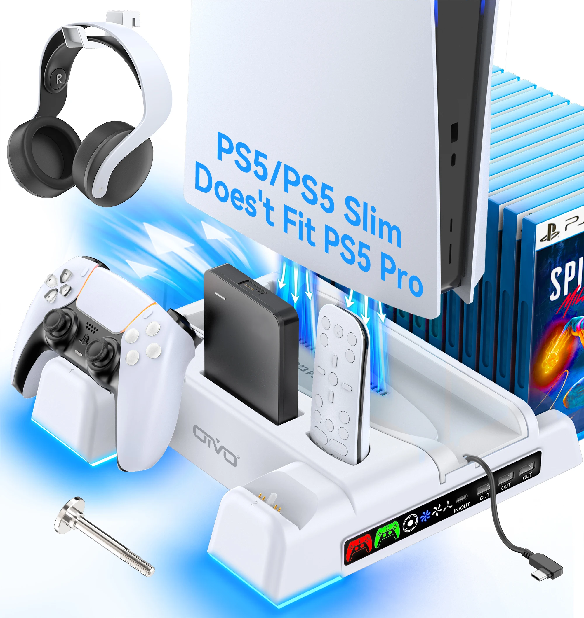 For PS5/PS5 Slim Stand Cooling Station with RGB LED Controller Charging Station for Playstation 5 Consoles with 3 USB Hub