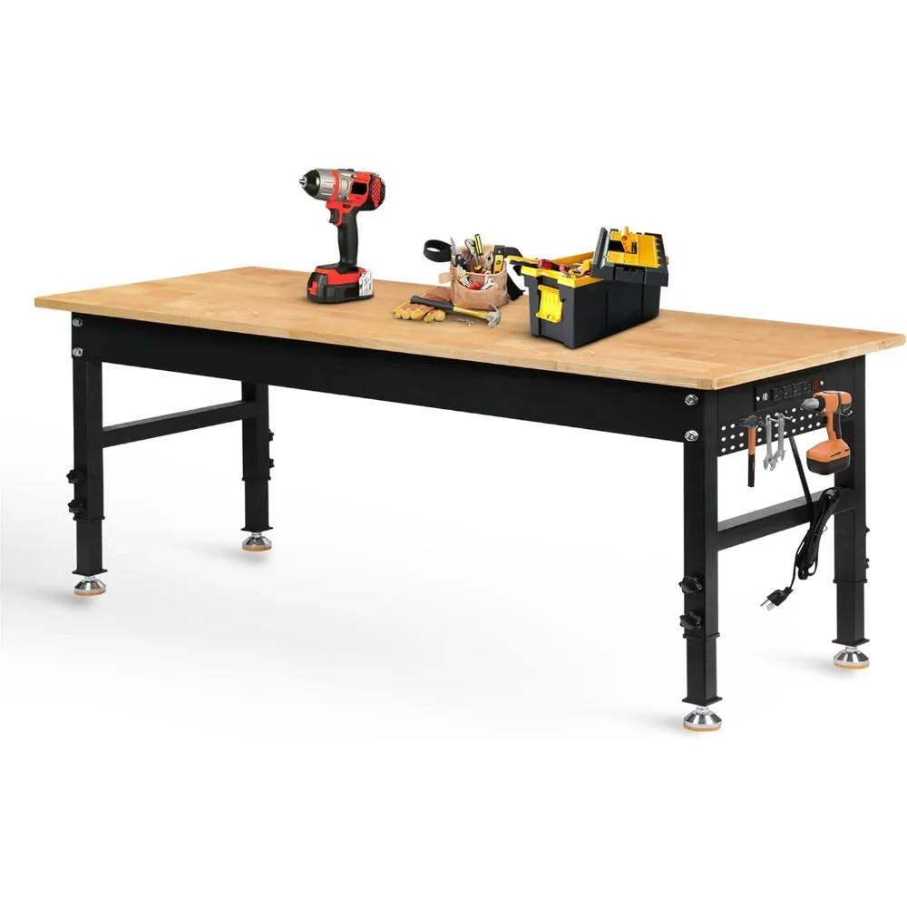 

70" Adjustable Height Workbench, 2000 LBS Heavy Duty Work Table with Power Outlets & Pegboard, Rubber Wood Workstation