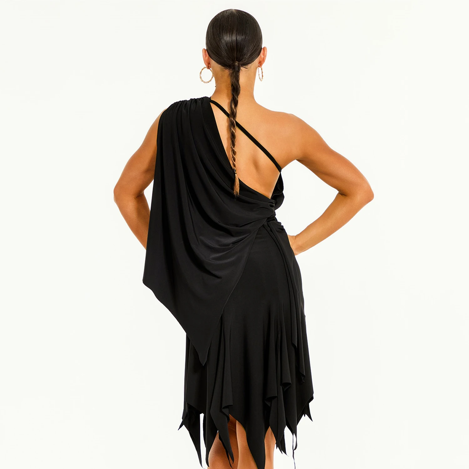 Slant Shoulder Latin Dance Clothes Women Adult Practice Tops Fringe Irregular Skirt Rumba Cha Cha Dance Wear Black Dress NV22254