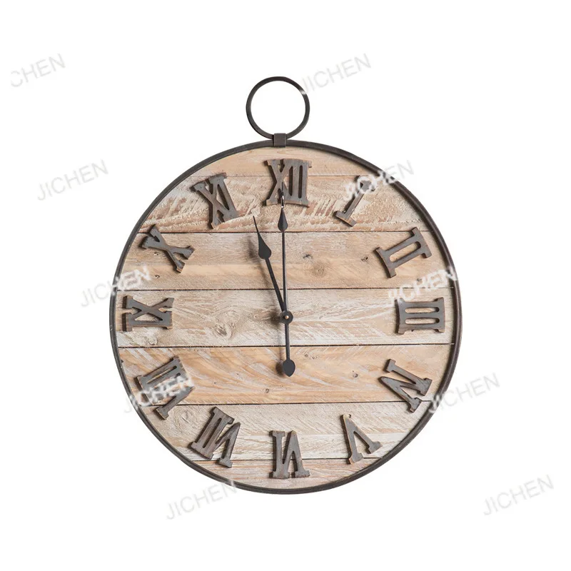 New Chinese retro old wooden round creative home living room wall sofa background wall nostalgic clock decoration