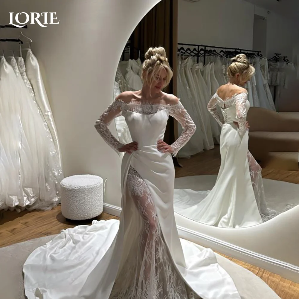 

LORIE Muslim Wedding Dress Shiny Off Shoulder Satin Bridal Gown Customized A-Line 2026 Floor Lenth Bride Dress Saudi Dress Dubai
