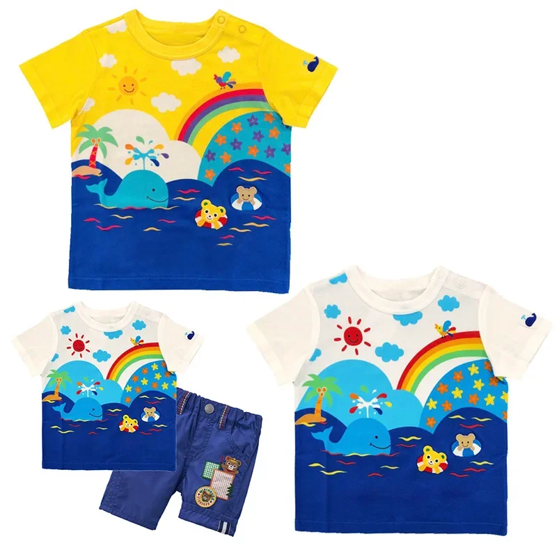 Summer New Boys' Cartoon Water Park Bear Embroidered Color-blocked Short-sleeved T-shirt