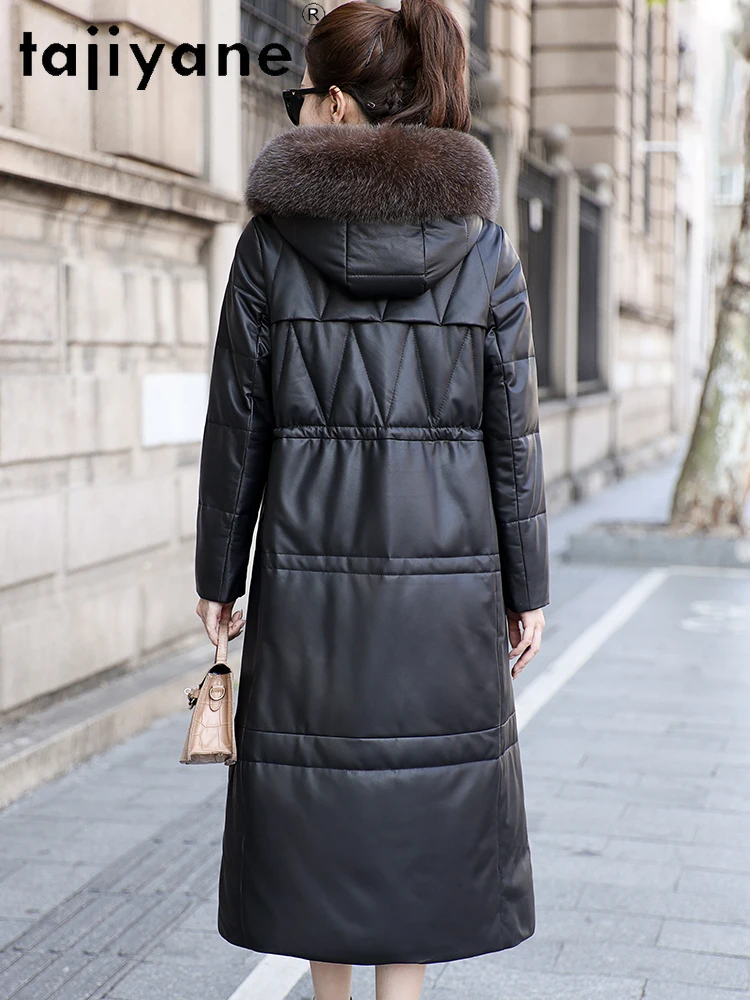 TAJIYANE الأبيض أوزة أسفل معطف امرأة جلد الغنم حقيقية سترات من الجلد الثعلب الفراء طوق مقنعين سترة منفوخة 2025 ملابس حريمي كورت