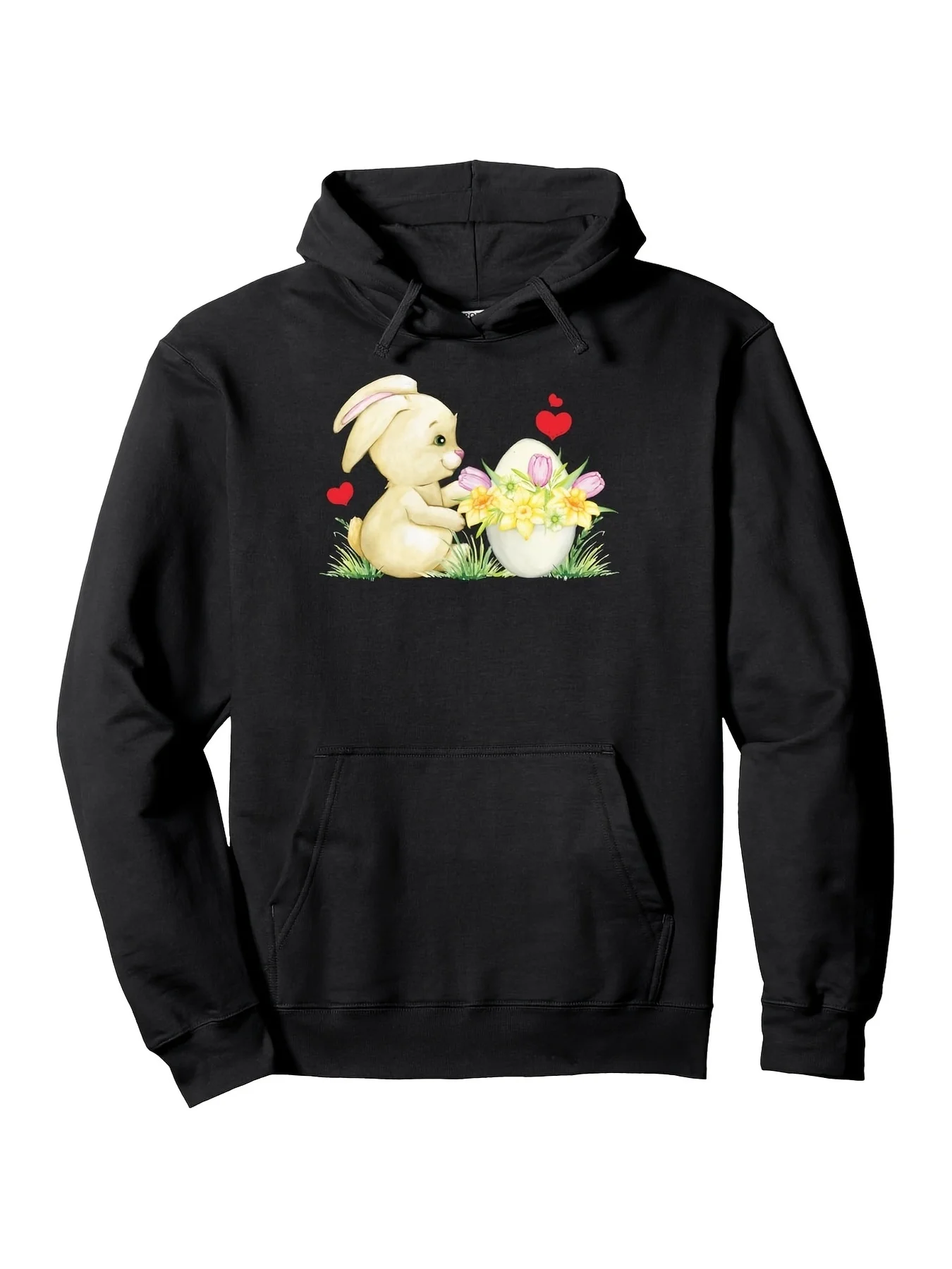 Men's Black Hoodie with a Charming Easter Bunny and Floral Egg Design, a Novel Street Style Pullover for Everyday Wear and as a Gift, Suitable for Cool Weather
