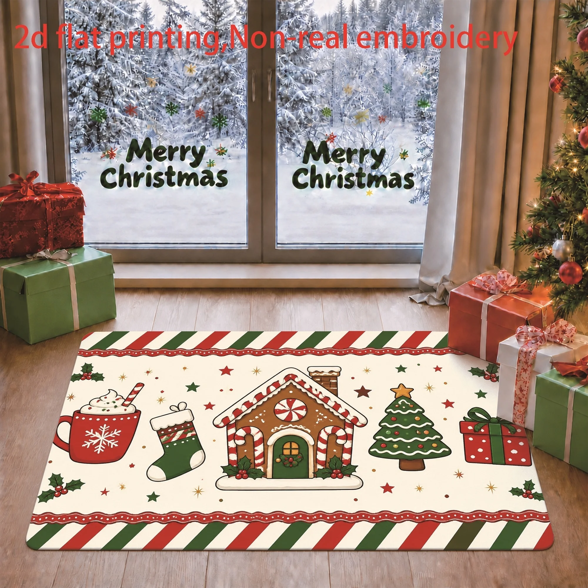 Merry Christmas Doormat Red Bow Golden Bell Pine Branch Glitter Bokeh Background Holiday Front Door Home
