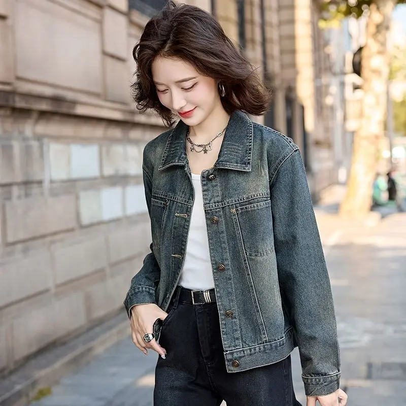Jaqueta jeans curta elegante feminina 2025 primavera outono vintage estilo retrô americano casual agasalhos com mangas compridas