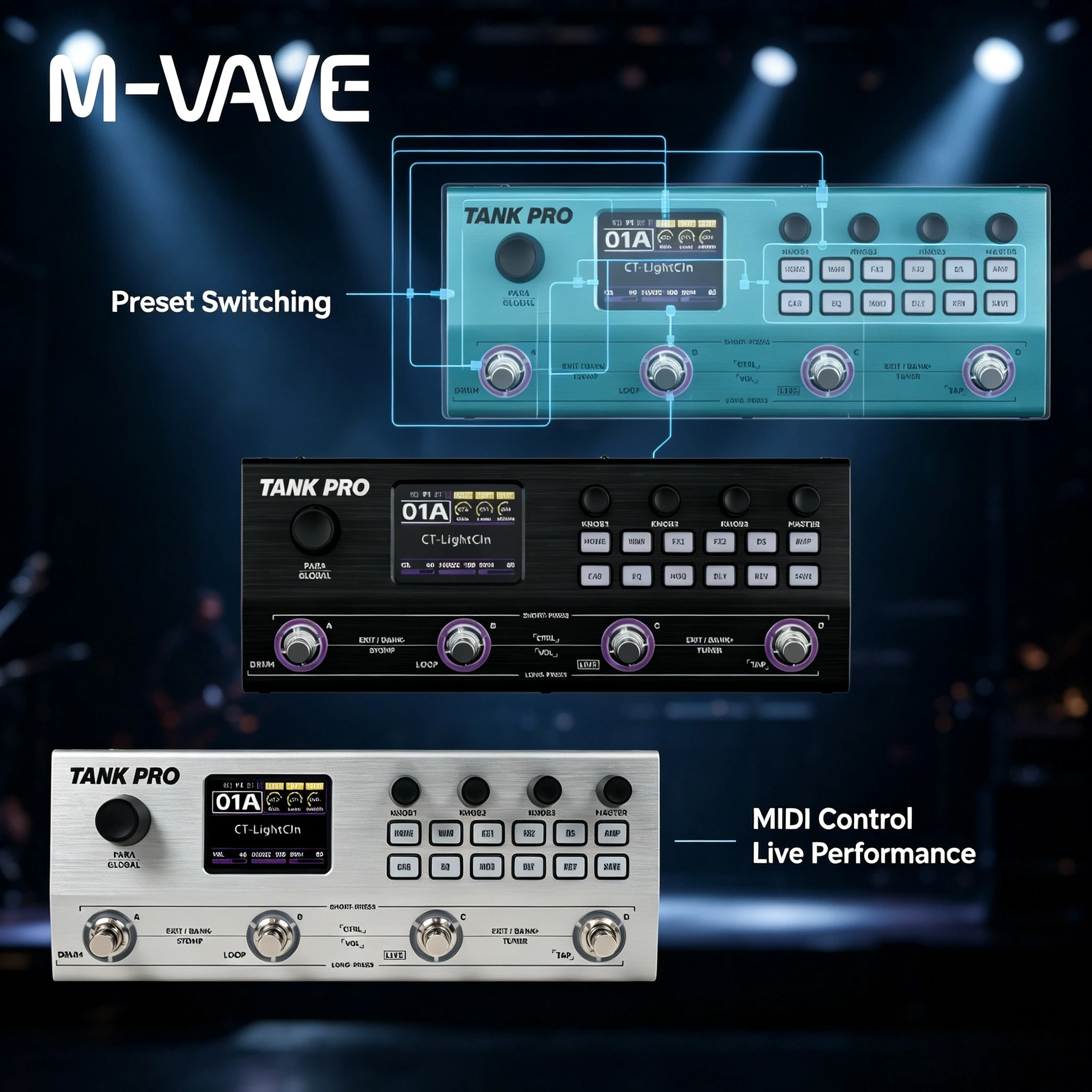 M-VAVE TANK PRO: Professional Multi-Color Stage Effects Processor with Adjustable Presets for Electric Guitar, Bass, and Amp Simulation—Portable Effects Pedal