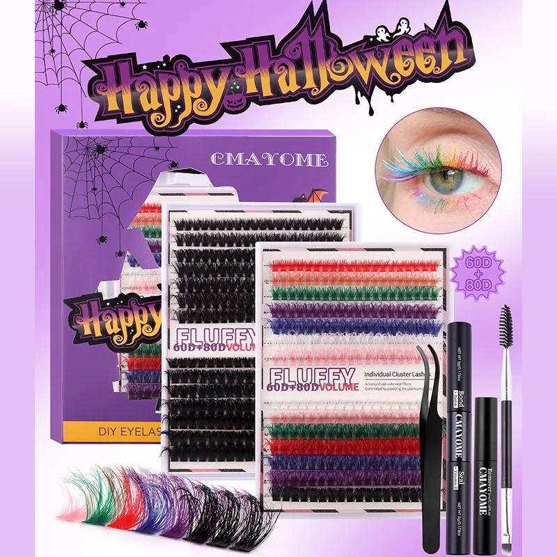 

Fluffy Lash Extensions Kit 60D 80D Colored Halloween Cosplay False Eyelashes Bond and Seal Remover Tweezer Set Russian Eyelash