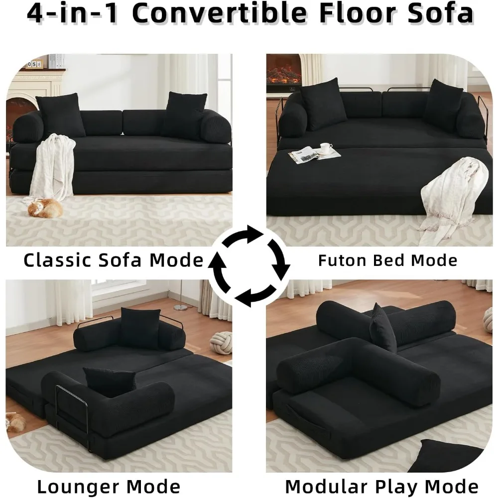 أريكة سرير قابلة للتحويل 4 في 1 بحجم كينج مع وسائد قابلة للإزالة وقاعدة قابلة للطي غير قابلة للانزلاق للمعيشة المريحة