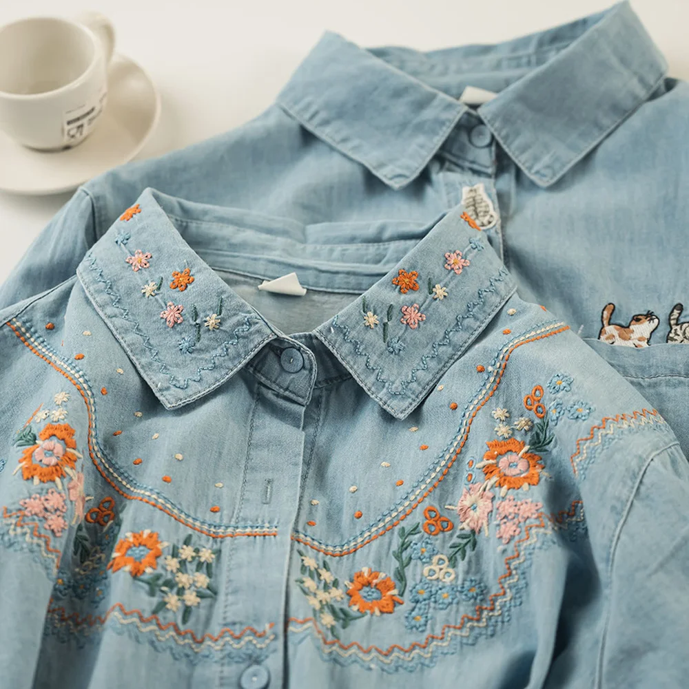 Harajuku fashion cotton denim spring blouses 2024 long sleeve women\'s embroidered shirts pretty blouses woman jean shirts