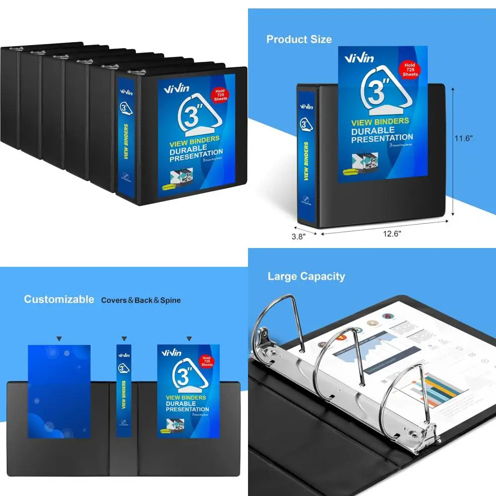 

Прочная 3-дюймовая наклонная папка с кольцом, большая емкость для 725 листов, подходит для бумаги 8,5 x 11, 6 упаковок черных папок с прочными 3
