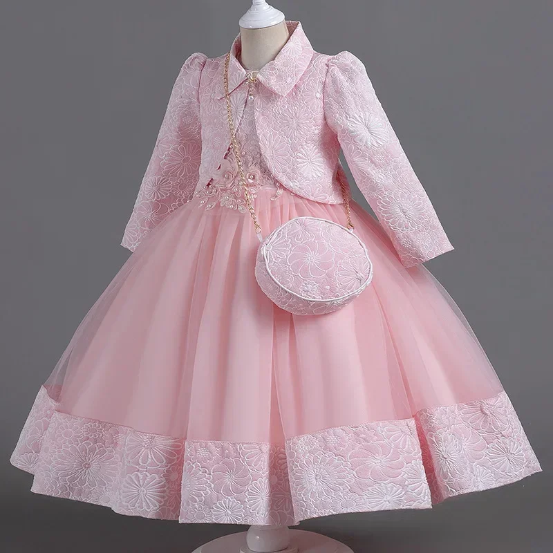 

New Girls' Gowns Puffy Yarn Princess Dress Three Piece Set High End Long Sleeve Birthday Wedding Dress Girls Dresses for Party