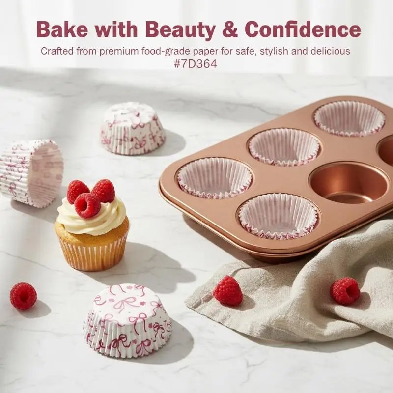 100 Pcs Bow Cupcake Liners Coquette Bow Pattern Wrappers Baking Cups For Baby Shower Wedding Bridal Showers Birthday Party Decor