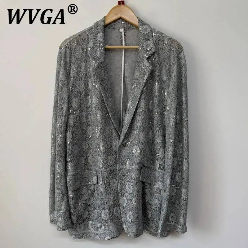 

WVGA весна осень новый мужской кружевной трикотаж с блестками дизайн сетка модный пиджак с длинными рукавами нишевый шикарный повседневный костюм-пальто Ins W10339