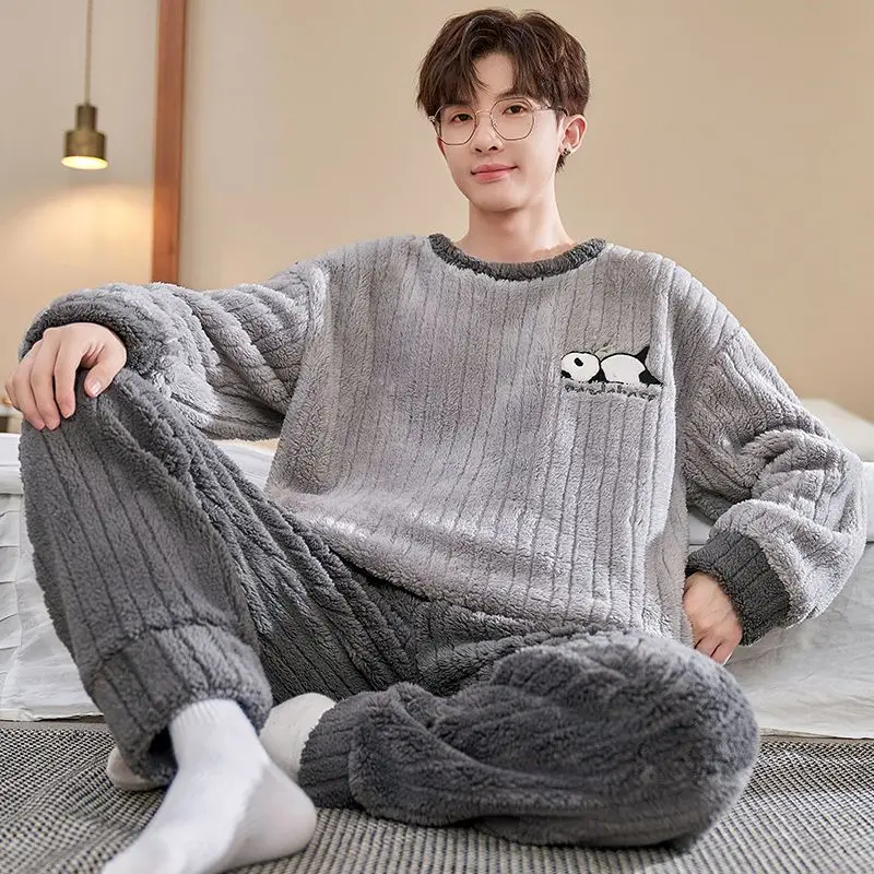 Sleepwear Men's Pajamas  Winter Coral Velvet Reinforced Velvet Teen Student Cartoon Dinosaur Autumn and Winter Warm Home Wear