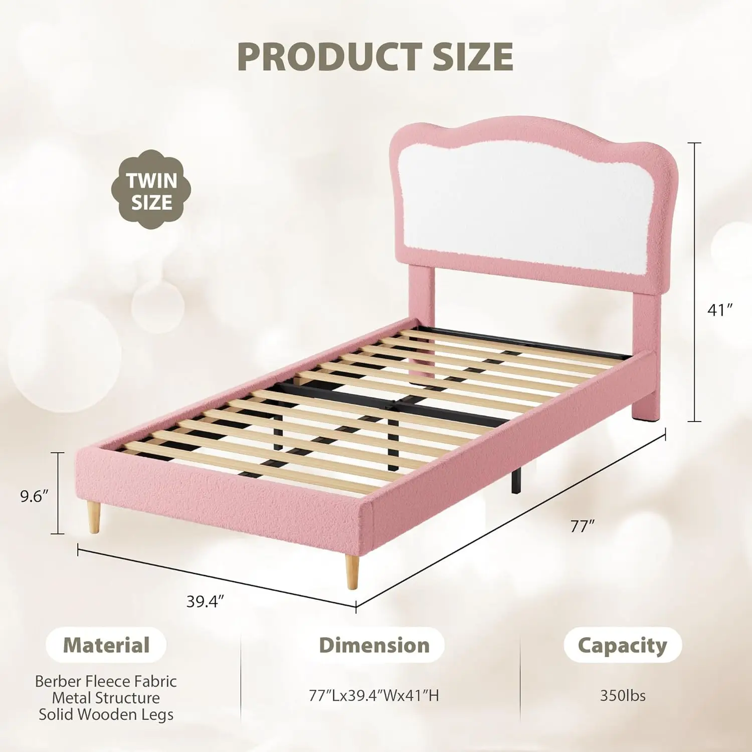 Upholstered Twin Bed Frame for Kids with Scallop Headboard, Cute Velvet Twin Bed for Girls, Boys, Sturdy Platform Bed, No Box Spring Needed, Wooden Slats, Noise Free, Pink White image 4