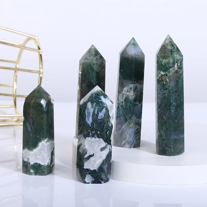 Natural Moss Agate Tower, Crystal Hexagonal Point, Quartz, Reiki Healing Stone, Energy Mineral, Obelisk Column, Room Decor Craft