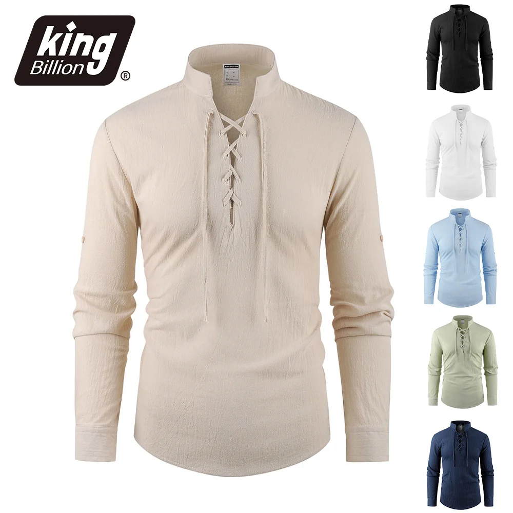 Cotton Linen Men's Vintage Pirate Shirt Medieval Viking Henley Neck Drawstring Tops Casual Spring Summer Breathable Shirts