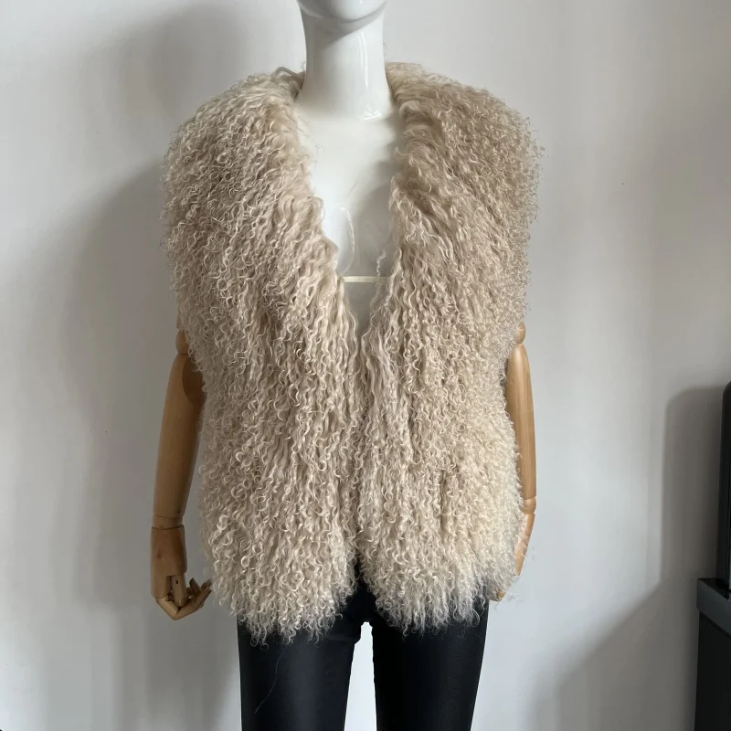 BEIZIRU Women's Fluffy Luxury Real Mongolian Fur Halter Vest Sleeveless Deep V-Neck Solid Top Outerwear