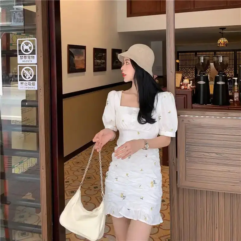 

Dress Women Trumpet Folds Mini Cute Square Collar Girlish Summer Holiday Gentle Tunic Fairy Ins Chic Vestido Female Elegant New