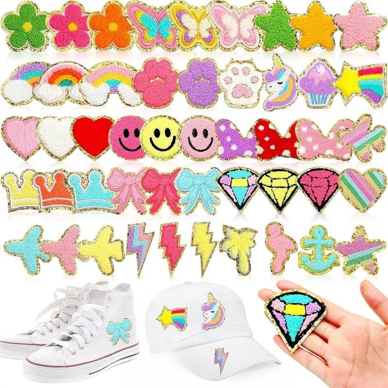 50 Uds. Parches para ropa, decoración de chenilla con purpurina, parche bordado para ropa de niños, mochila, planchado, lindos parches de Anime