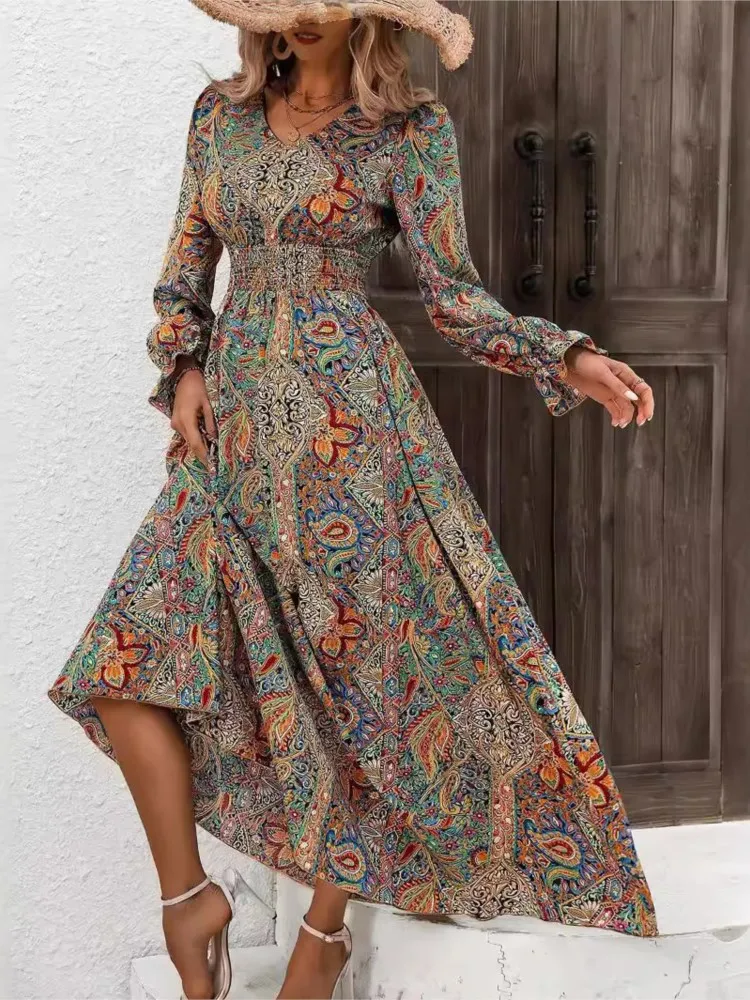 Vestido largo con estampado Floral para mujer, prenda de manga larga con cintura ajustada, holgada, plisada, con volantes y cuello en V, para otoño