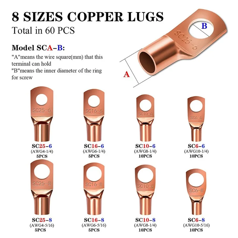60pcs Copper Terminal Connectors, AWG 4 6 8 10 12 Ring Lug Kit With Shrink Tubing 50 Battery Cable Lugs, With 50 Shrink Tubing