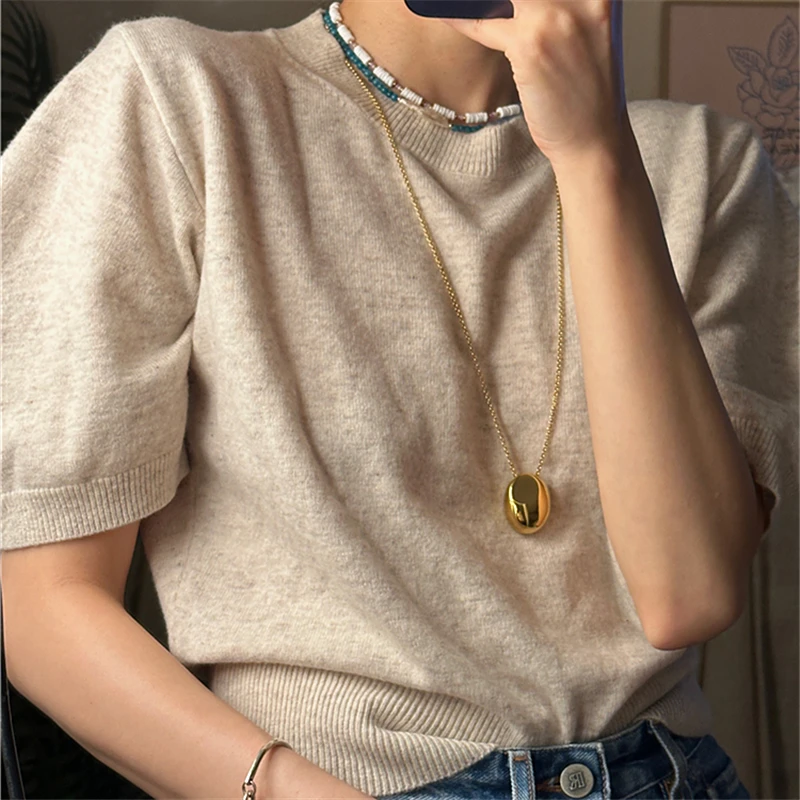 HUANQI Water Droplet Irregular Oval Pendant Chain Long Character Necklace for Woman Geometry Stylish Clavicle Chain Jewelry