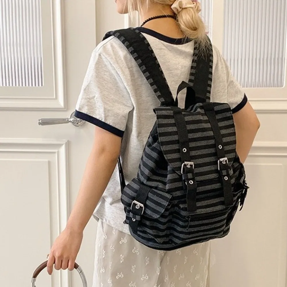 Retro Large Capacity Striped Backpack Y2K Multi-pocket Students Schoolbag Korean Style Cloth Hiking Camping Bag Students