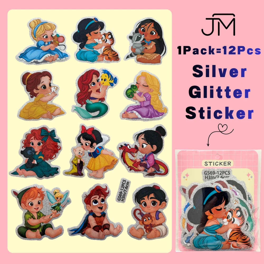 

12pcs Cartoon Little Baby Princess Gold Glitter UV DTF Sticker Waterproof Sparkle Decals Shiny Prints For Bottle Tumbler Laptop