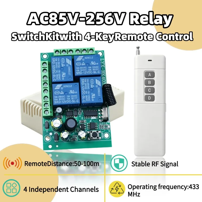 433MHz Universal Wireless Remote Control AC 220V 4CH Relay Receiver Module RF Switch 4 Button Remote Control Gate Garage Opener
