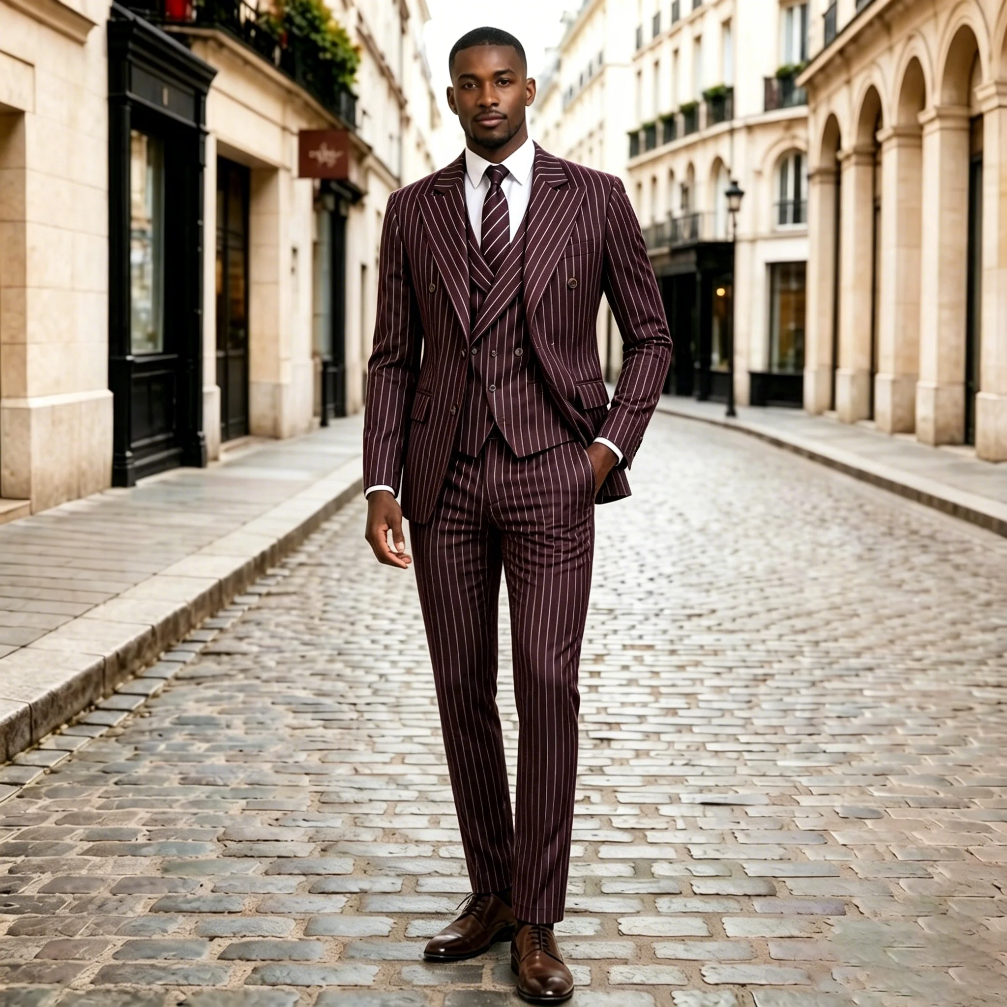 Burgundy Pinstripe Men Suits 3 - Slim Fit Blazer Men ulasan dan harga
