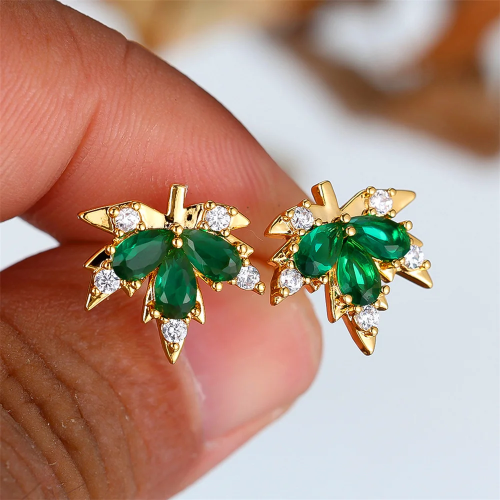 Cute Female Green Zircon Stone Maple Leaf Wedding Jewelry Vintage Gold Color Stud Earrings For Women