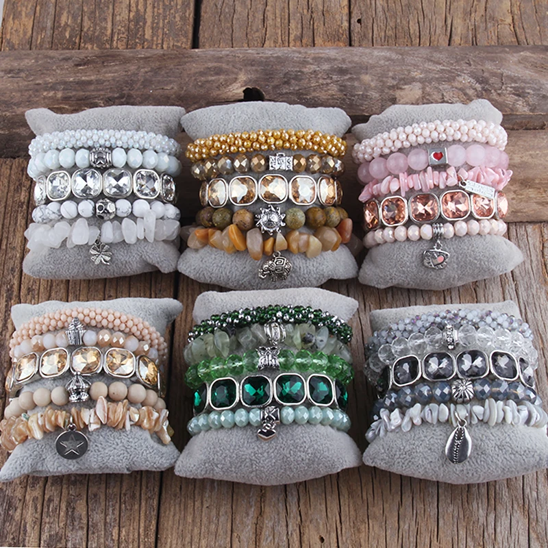 RH Fashion Boho Beaded 5pc Gray/white Stone & Glass Stack Bracelet Sets For Women Bohemian Jewelry Gift DropShip