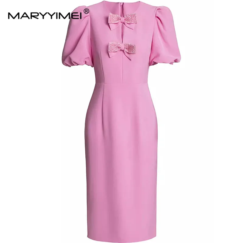 

MARYYIMEI Summer Women's Dress Puff Sleeve Pretty Slim-Fit Hip Wrap Bow Basic Commuter Office Work Dresses