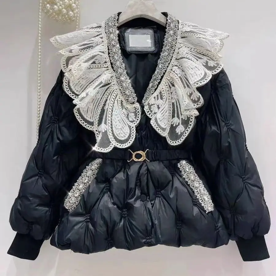 Luxury Diamonds Women Wadded Jacket Korea Beading V-neck Lace Long Sleeve Cotton-padded Coat Elegant Fairy Loose Down Jacket