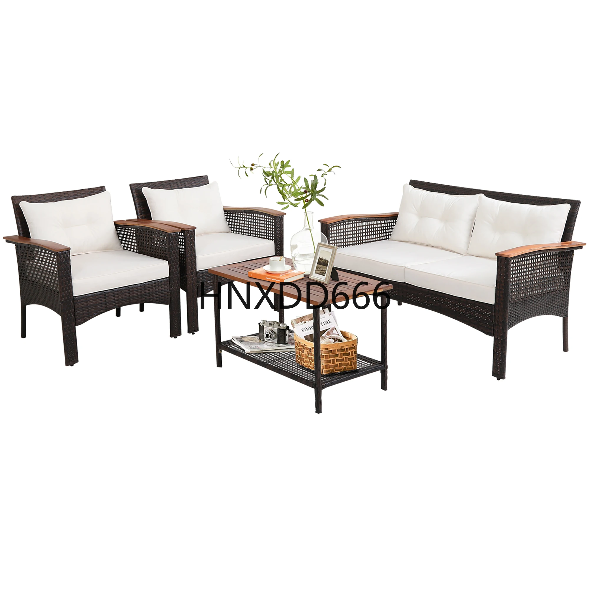 

4PCS Patio Rattan Acacia Wood Furniture Set Cushion Sofa Armrest Deck