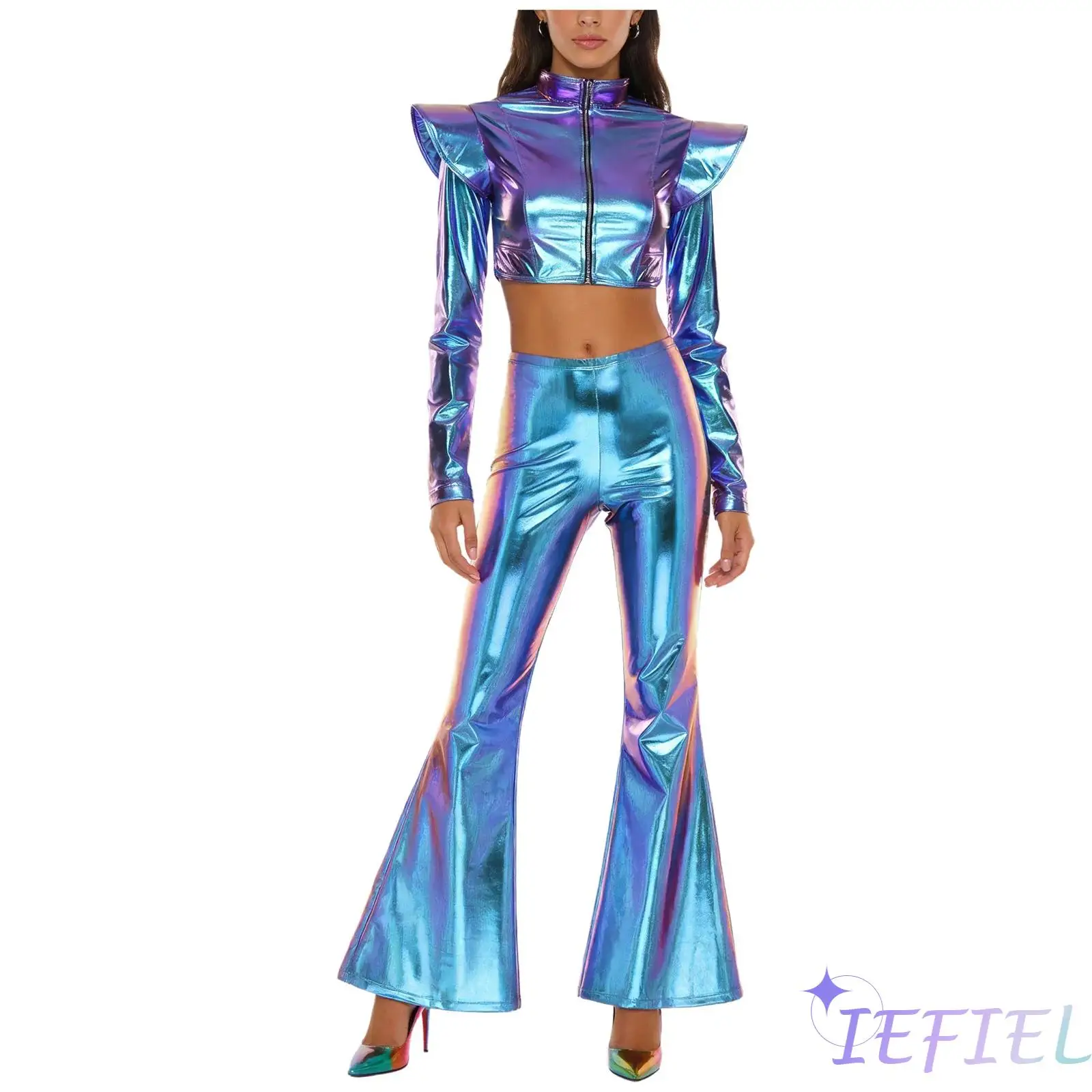 

Женский металлический костюм для Хэллоуина в стиле рок-музыки с жесткими наплечными накладками, укороченным топом и расклешенными брюками для клубных вечеринок и дискотек