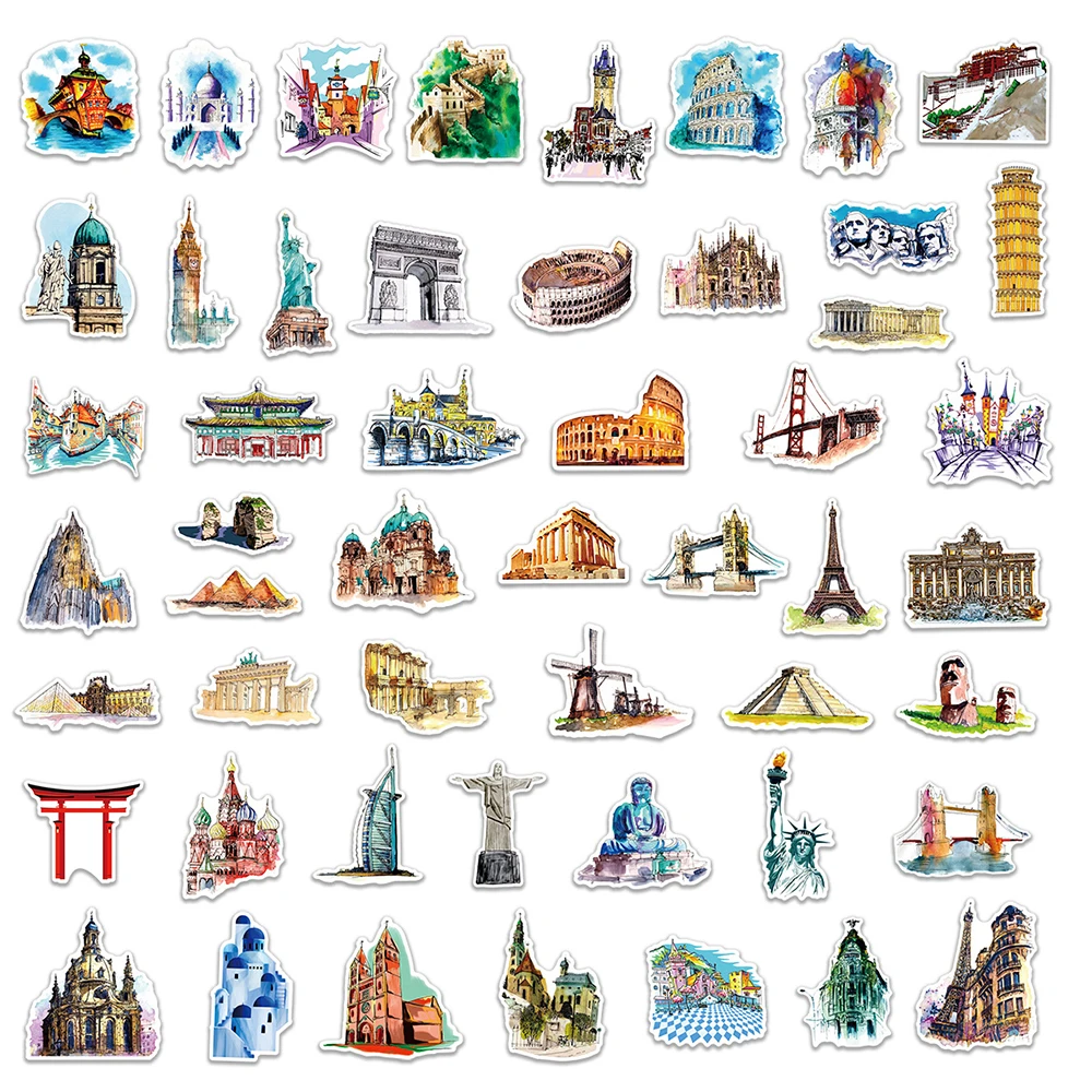 Autocollants célèbres villes et bâtiments, 10/30/100 pièces, stickers waterproof, paysages magnifiques, voyage, ordinateur portable, téléphone,