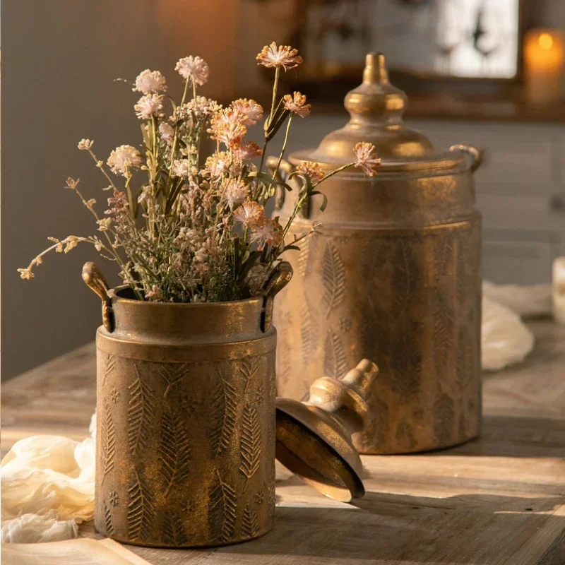 French Country Carved Vintage Gold Metal Vase Flower Ware Handmade Art Decorative Ware Ornaments