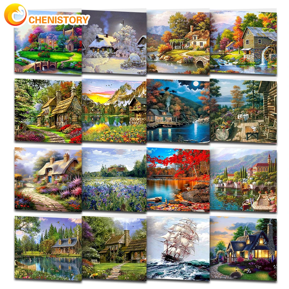 CHENISTORY Diy Oil Painting By Numbers Town Landscape By Numbers Acrylic Paint Pictures Hand Painted Canvas For Home Decoration