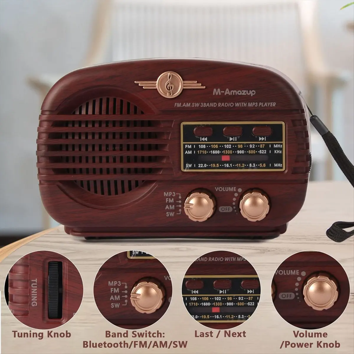 Promotion Retro Bluetooth Radio, Portable Radio AM FM Transistor Battery Operated Radio USB Music Player Dark Brown
