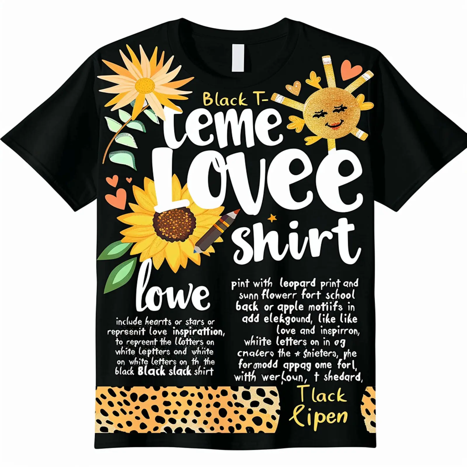 

Back To School Teacher Theme Black T Shirt with Unique Leopard Print Design