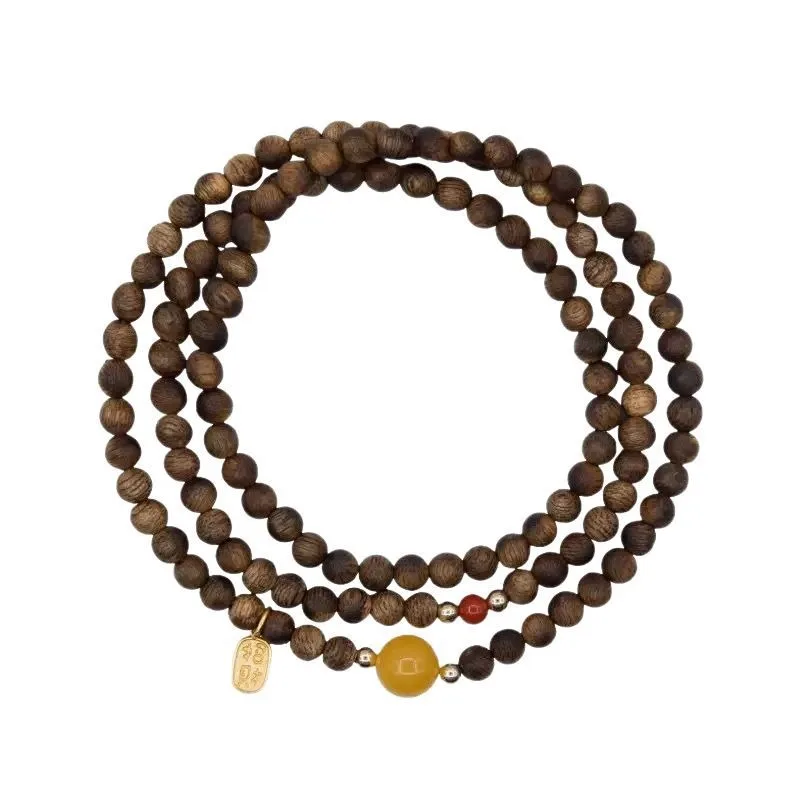 Natural Brunei Agarwood Bracelet Triple Wrap with Beeswax Nanhong Lucky Beads and Sandalwood Gifts