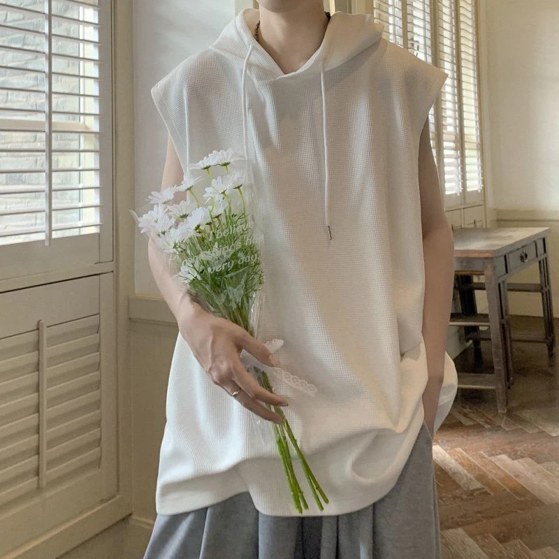 Summer Waffle Plaid Print Men Drawstring Hooded Tank Tops Highstreet Fashion All-match Loose Sports Vest Simple Grey Black White