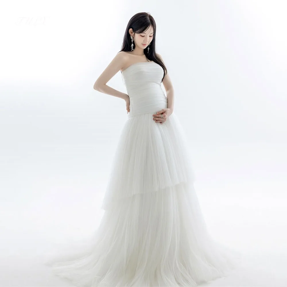 

TULX Fairy Tulle Ivory Pregnancy Wedding Dress Korea Photo Shoot Strapless Pleat Bridal Gown Long Tiered Corset 웨딩드레스 Customized